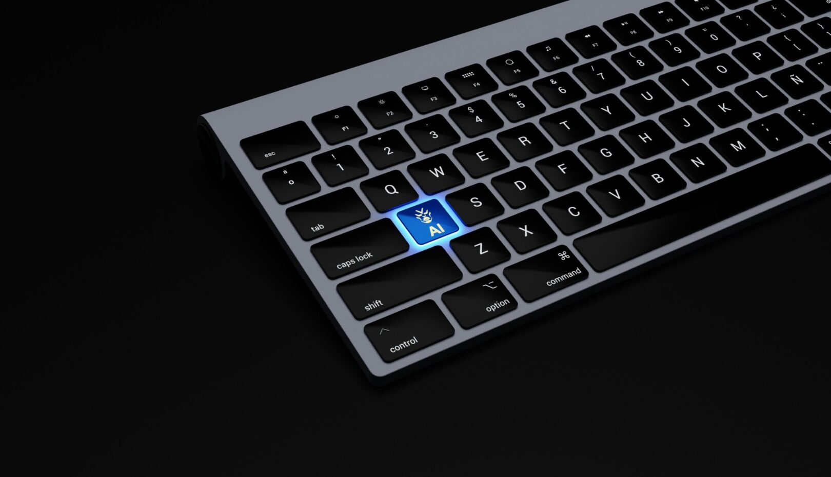 a black keyboard with a blue button on it