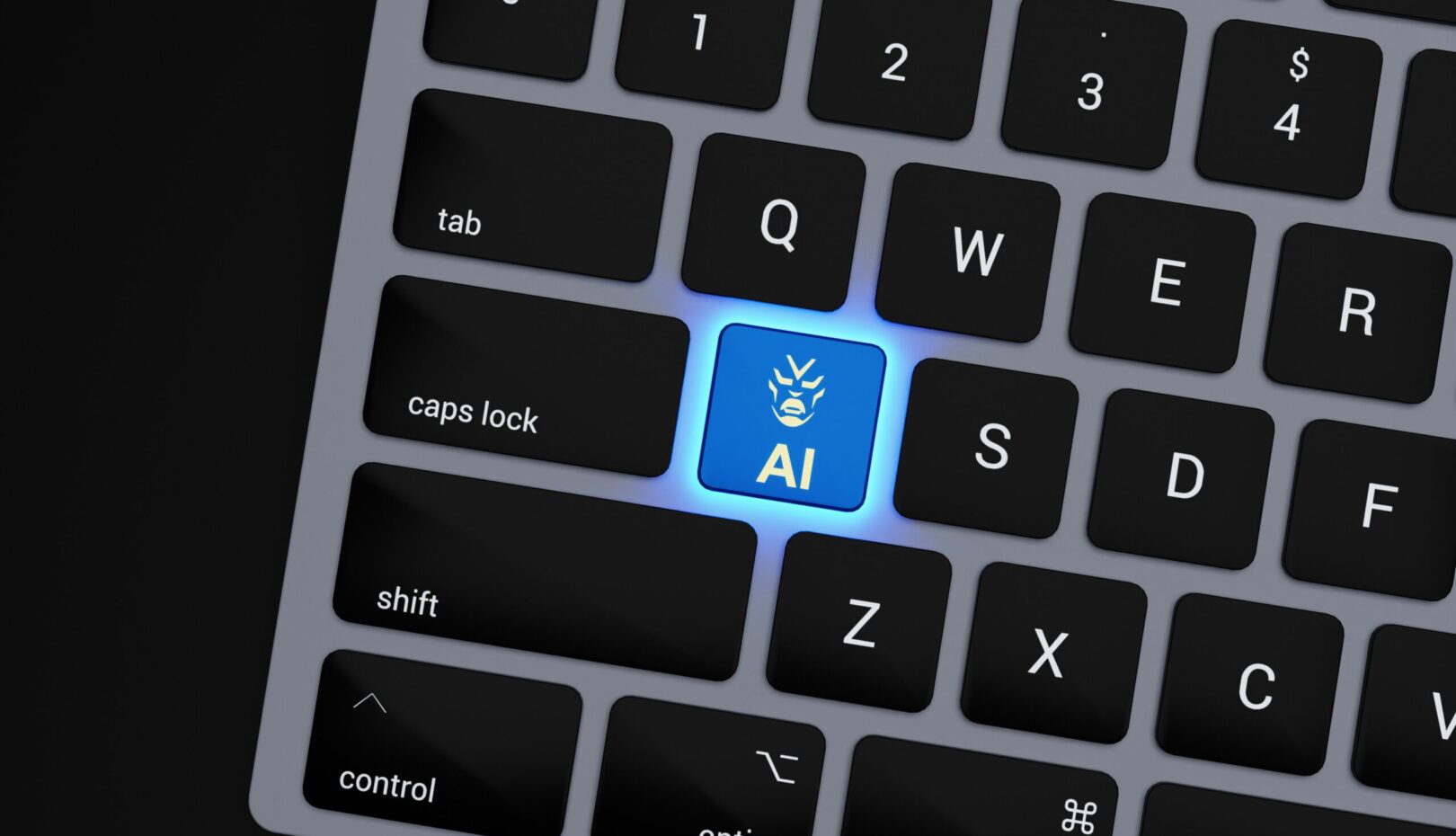 a close up of a keyboard with a blue button