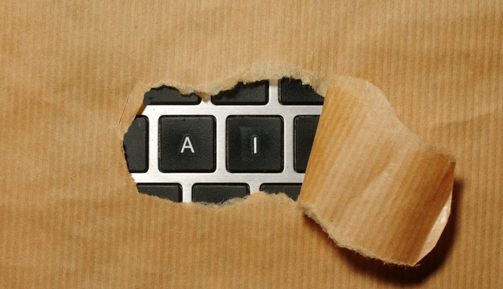 A piece of cardboard with a keyboard appearing through it